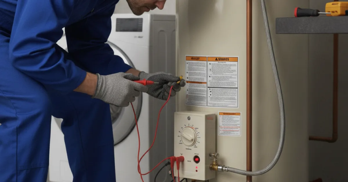 A technician inspecting the control panel and temperature dial on a residential water heater