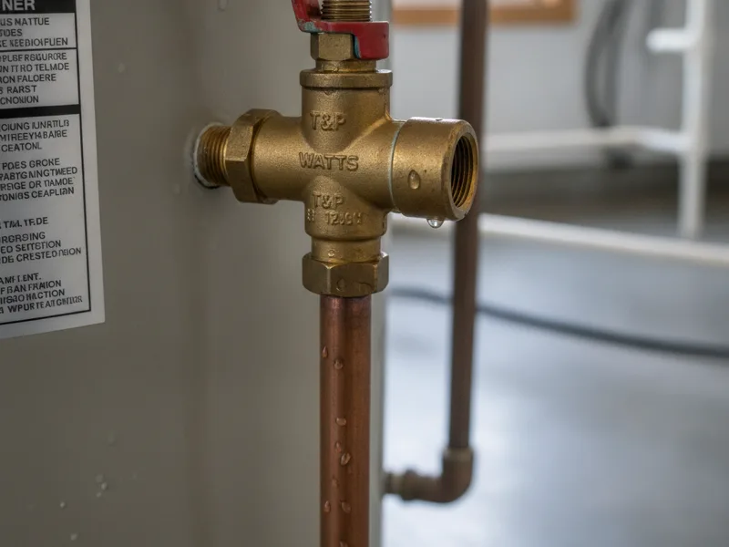 Close-up of a water heater's pressure relief valve
