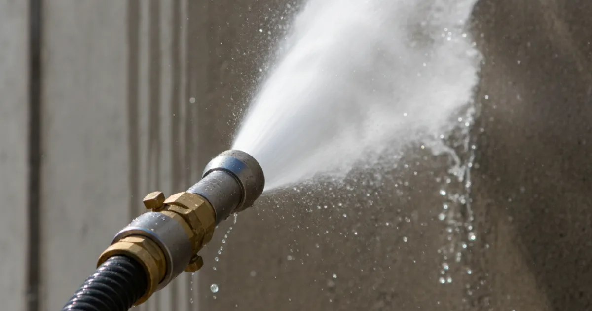 High-pressure water jetting hose nozzle with visible water spray