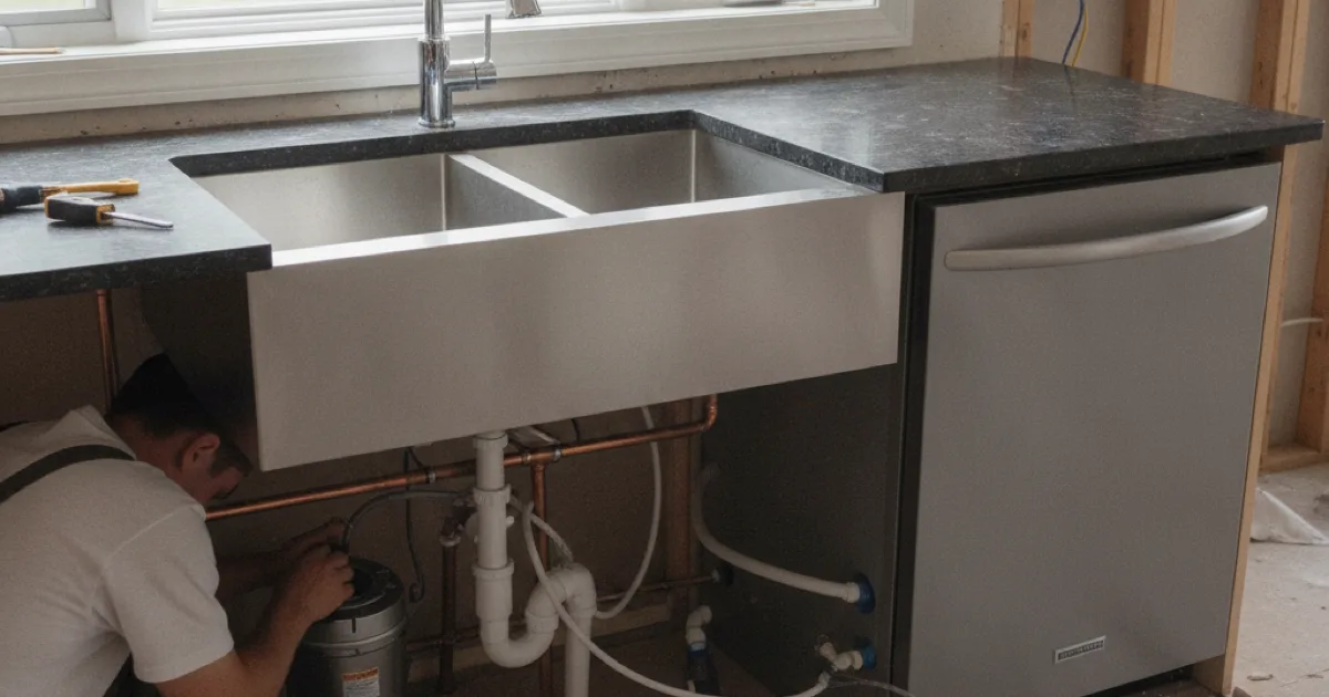 A kitchen renovation with new sink and dishwasher plumbing connections being installed
