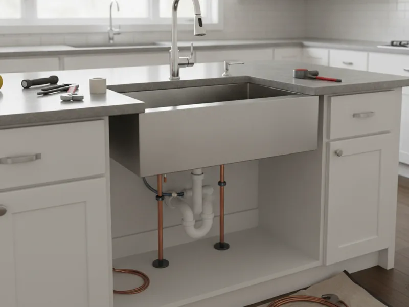 A kitchen island with a newly installed sink as part of a plumbing remodel
