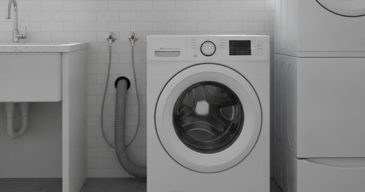 A clean laundry room with a washing machine connected to supply and drain lines