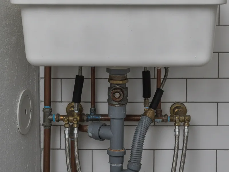 Close-up of a laundry room utility sink with plumbing connections