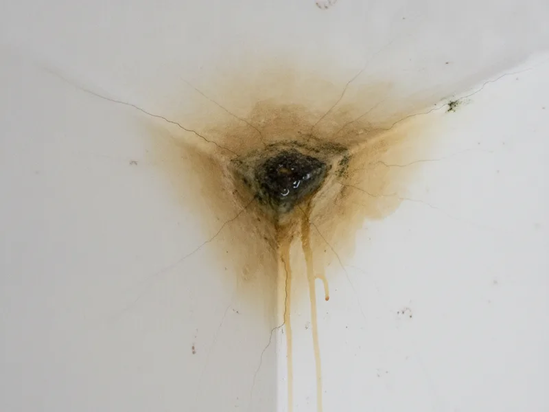 A damp discolored spot on a ceiling corner indicating a hidden leak