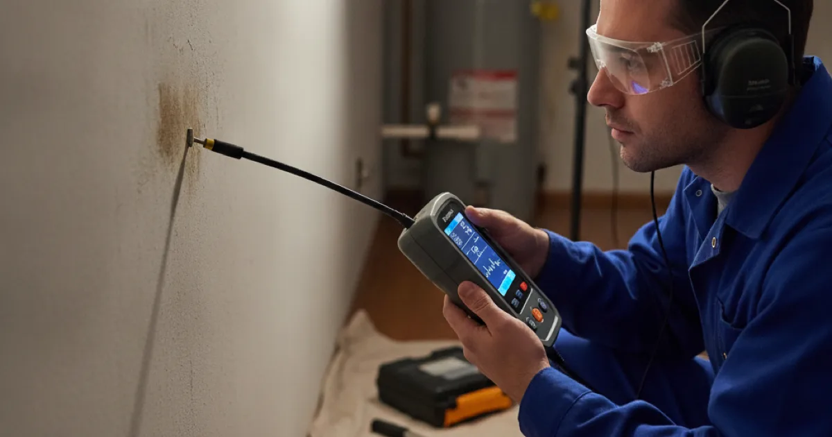 A technician using an electronic leak detection device against an interior wall