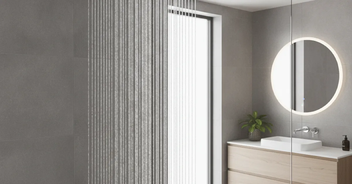 A showerhead with strong, steady water flow in a clean modern bathroom