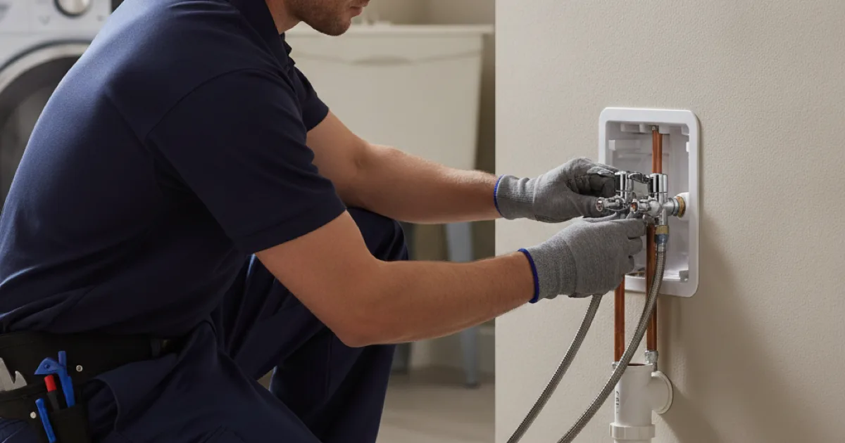 A plumber fitting braided steel supply hoses and a lever shut-off to a washing machine box recessed in a laundry room wall, drain standpipe visible