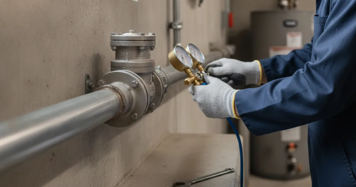 A plumber attaching test gauges to a backflow prevention assembly on a commercial water line, clipboard with a test report form on a nearby ledge