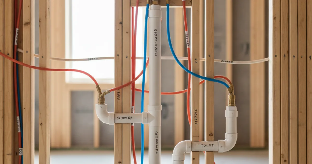 Rough-in bathroom plumbing in an open stud wall — new PEX supply lines, a drain stack, and a set shower valve visible before drywall, tidy and labelled