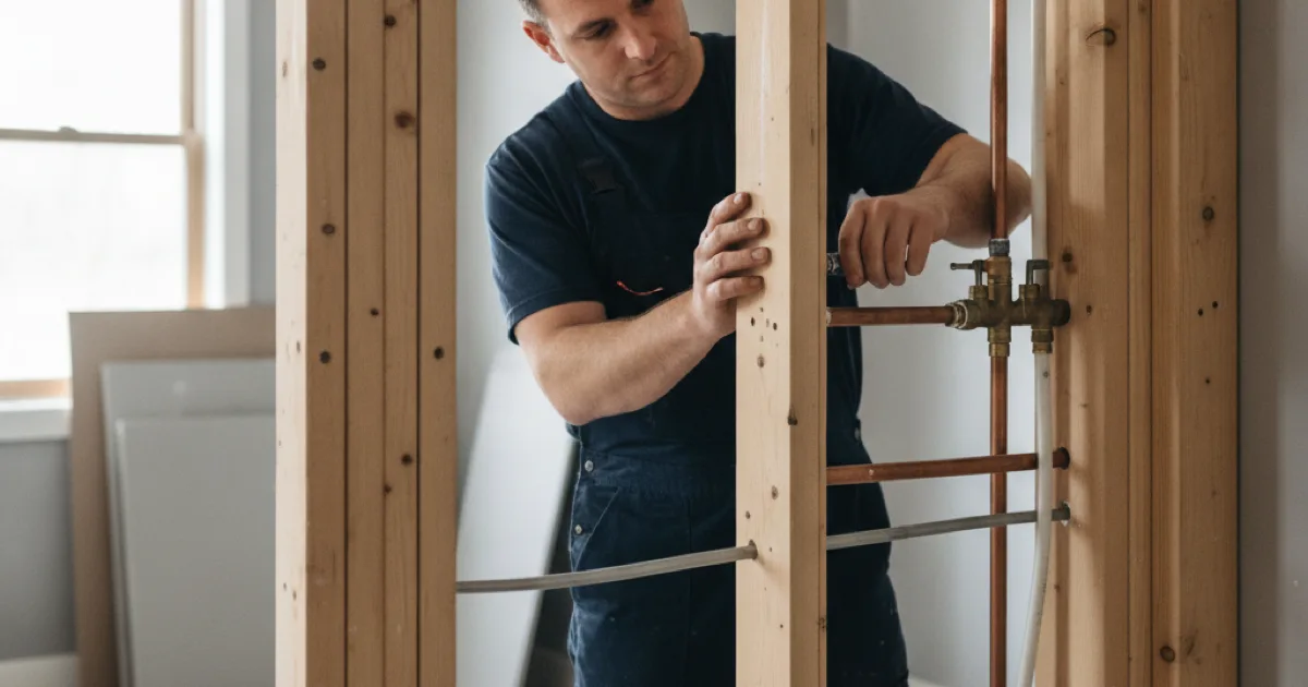 A plumber setting a shower mixing valve into an open stud wall during a bathroom renovation, copper stub-outs and blocking visible before tiling, clean job site