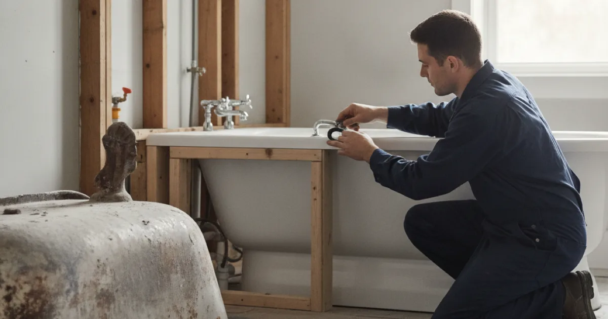 A plumber connecting the waste and overflow assembly to a newly set bathtub before the surround goes on, access panel open, old tub removed to one side