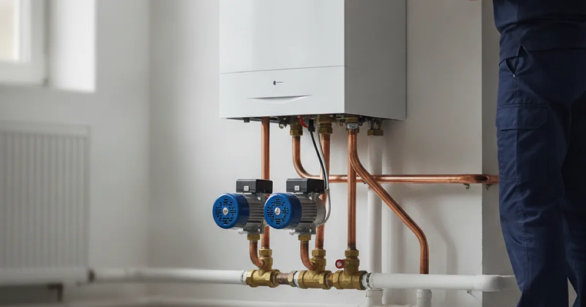 A newly installed residential gas boiler in a basement with neatly run copper primary piping, circulator pumps and isolation valves visible, old radiator pipework connected in