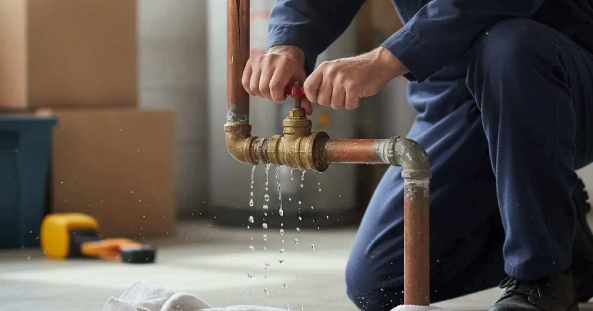 A plumber closing a main water shut-off valve in a basement, a burst and split copper pipe visible above dripping onto a towel-covered floor