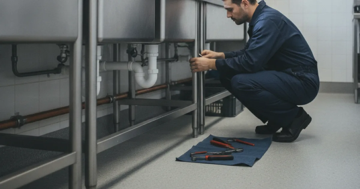 A plumber servicing the plumbing behind a small commercial kitchen, stainless prep sinks and a floor drain visible, tidy professional work in a tight space