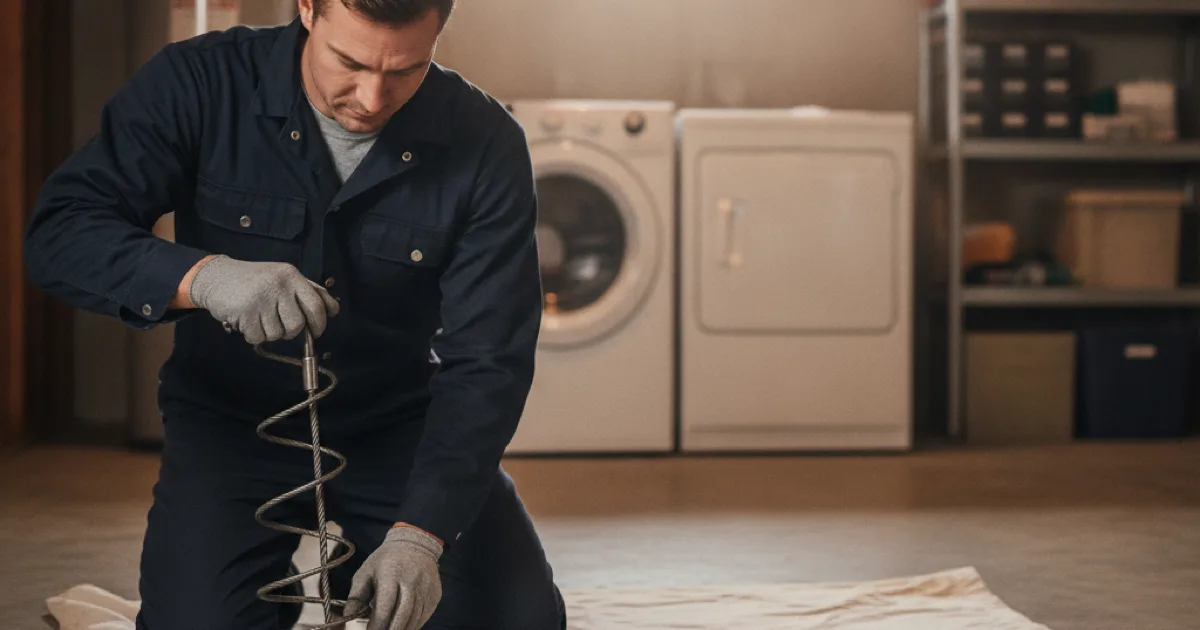 A plumber feeding a drain auger cable into a basement cleanout fitting, drop cloth protecting the floor, hand tools laid out neatly beside him