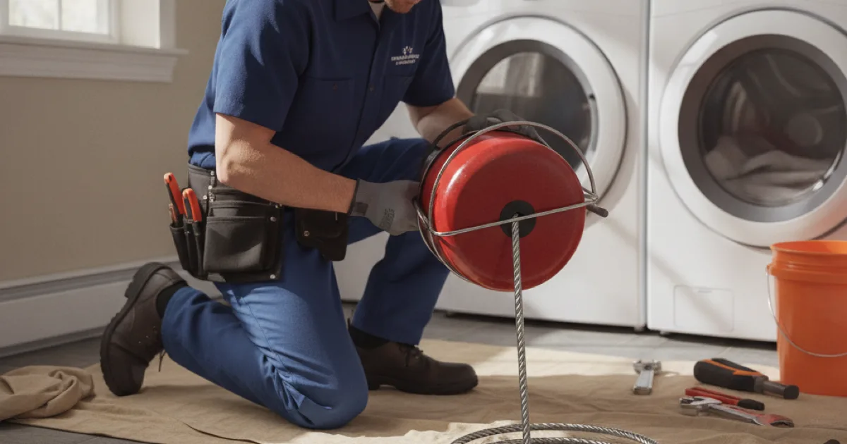 Dan's Drains technician using a drain snake to clear a clogged line in a Westchester County home