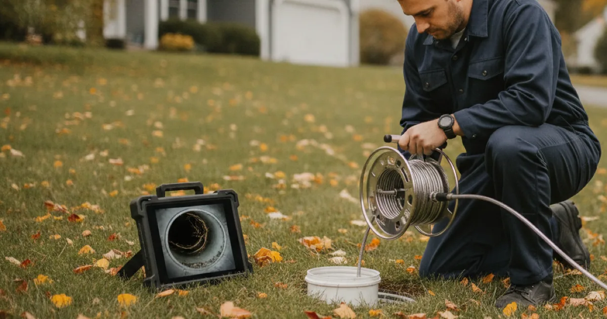 A plumber lowering a drain camera reel into an exterior sewer cleanout beside a suburban house, monitor showing the inside of the pipe, autumn leaves on the lawn