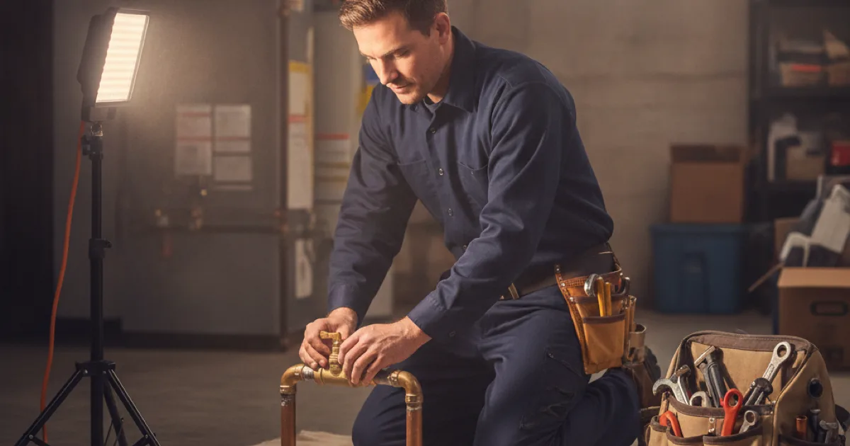 A plumber kneeling beside an exposed copper supply line in a residential basement utility area, hand on a shut-off valve, work light and tool bag nearby, calm and focused