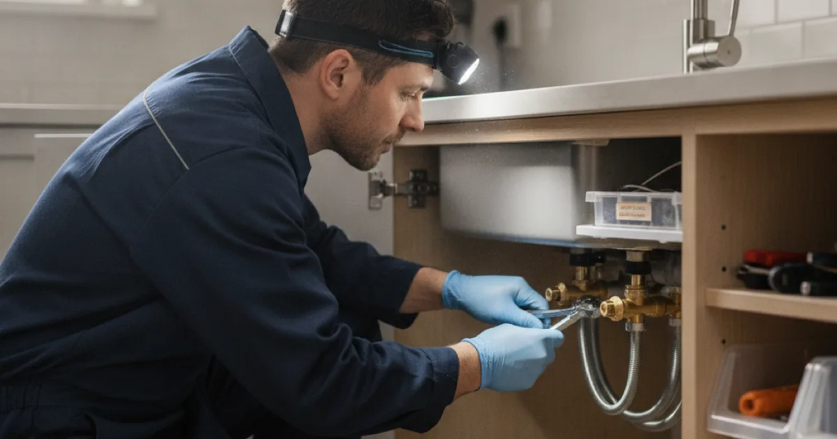 A plumber tightening the supply connections beneath a newly installed kitchen faucet, working in a tidy under-sink cabinet with a headlamp on