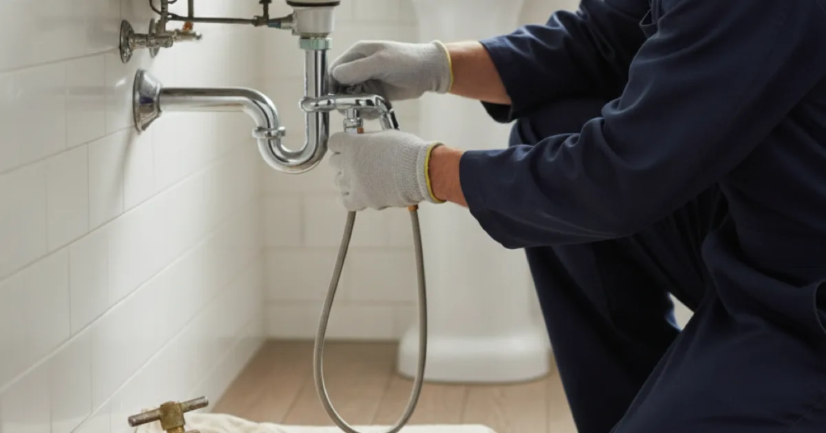 A plumber fitting a new shut-off valve and supply line to an old copper stub during a fixture replacement, corroded removed valve visible on a cloth beside newer parts