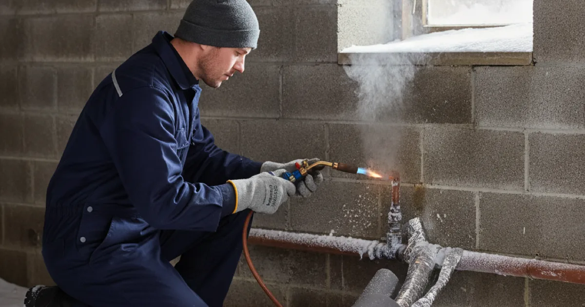 A plumber applying a heat source to a frozen copper pipe against an exterior basement wall, insulation and heat tape visible nearby, cold winter light through a small window