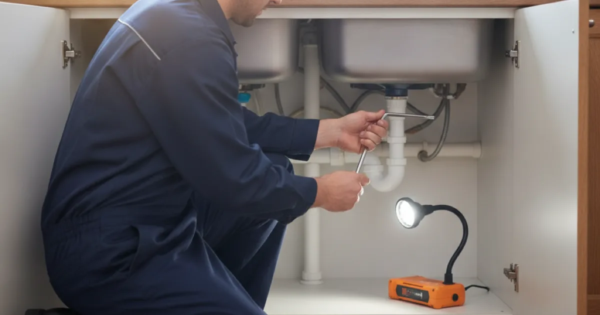 A plumber reaching under a kitchen sink to reset a garbage disposal unit, hex key in hand, cabinet doors open and a work light illuminating the connections