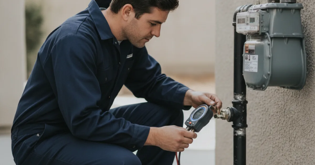 A plumber testing a repaired black iron gas line with a manometer on a residential gas meter, pipe joints freshly made up, daylight utility area