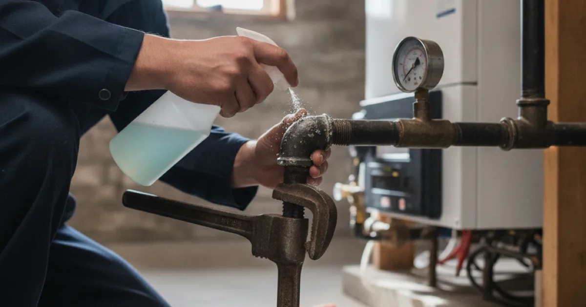 A plumber applying a leak-detection solution to a black iron gas pipe joint near a residential boiler, pipe wrench and pressure gauge visible, well-lit basement