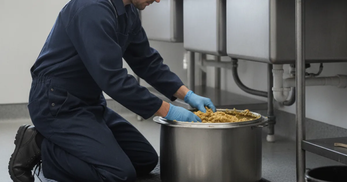A plumber servicing an under-sink grease interceptor in a small commercial kitchen, lid removed, protective mat on the floor, stainless prep counters in the background