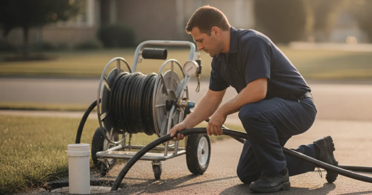 A plumber feeding a hydro jetting hose into an exterior sewer cleanout, jetting machine and hose reel on the driveway behind him, water pressure gauge visible
