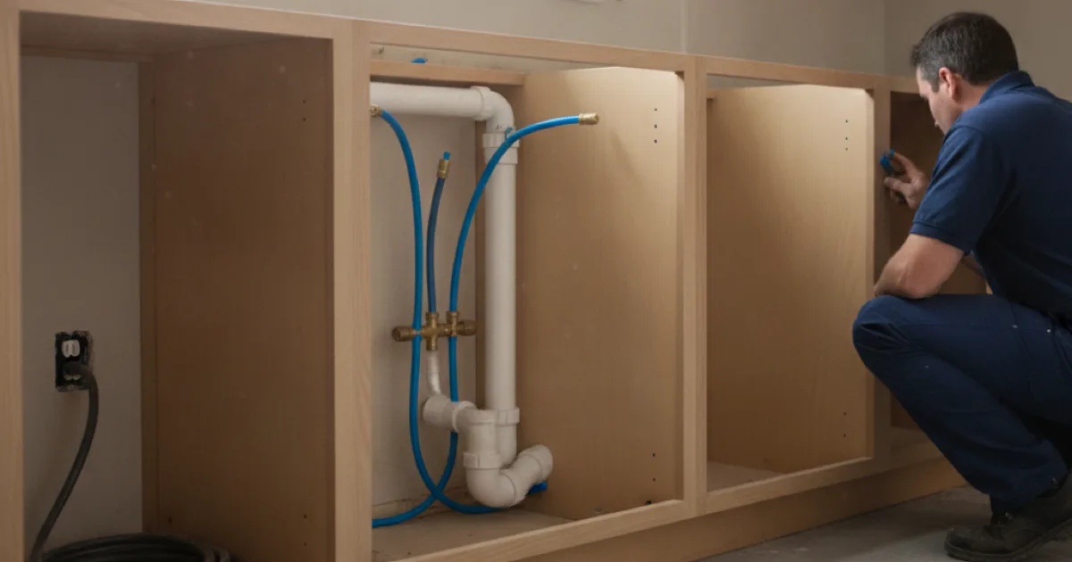 Rough-in plumbing for a kitchen remodel — capped supply lines and a relocated drain in an open wall behind new cabinet runs, dishwasher and disposal connections prepped
