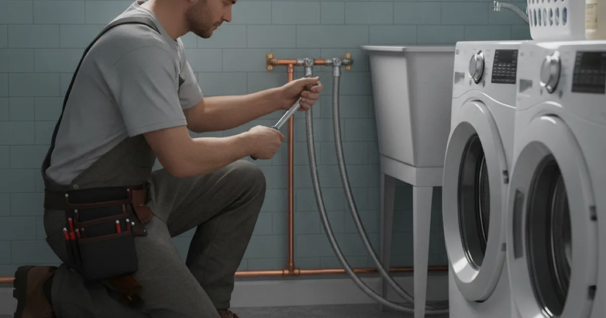 Dan's Drains plumber working on laundry room plumbing in a Westchester County home