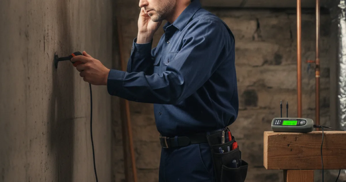 A plumber holding an acoustic leak detection probe against a basement wall, listening intently with headphones, moisture meter resting on a nearby joist