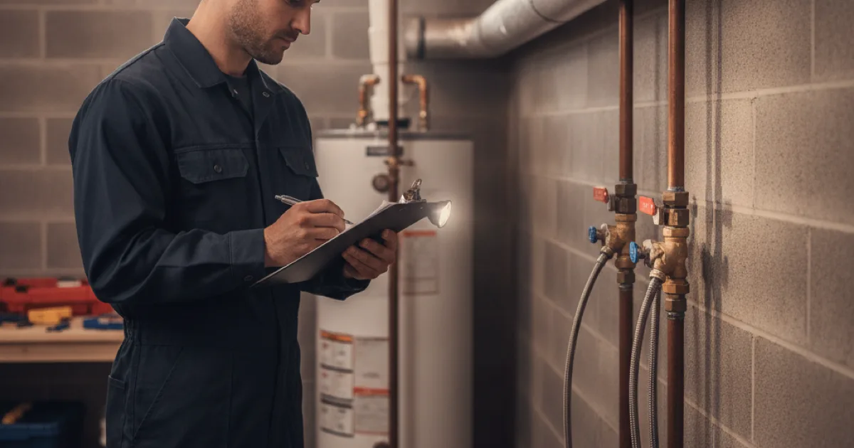 A plumber checking shut-off valves and supply lines in a basement utility area with a flashlight and clipboard, water heater and main line visible behind