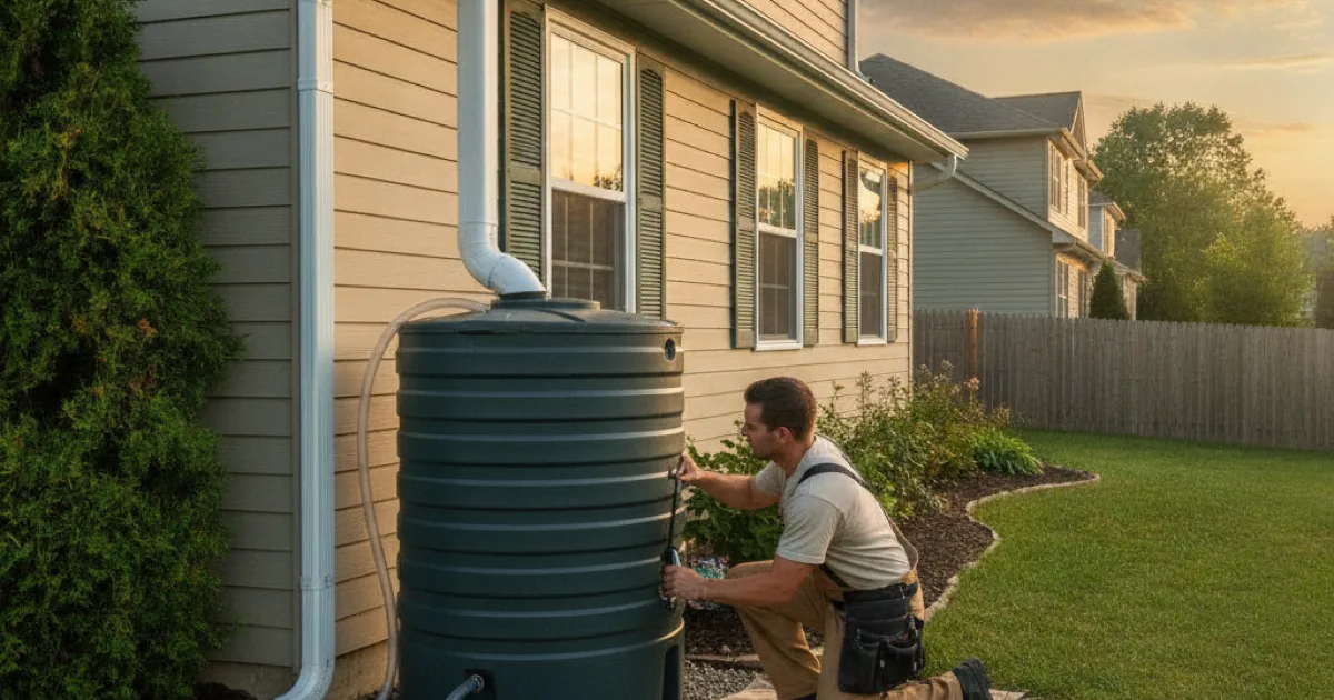 Dan's Drains plumber installing a rainwater collection tank at a Westchester County home