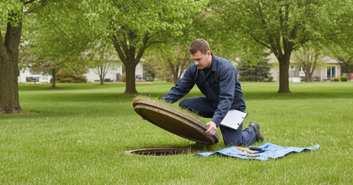 A plumber lifting a septic tank inspection lid in a suburban back yard, clipboard in hand, grass and mature trees in the background, overcast daylight