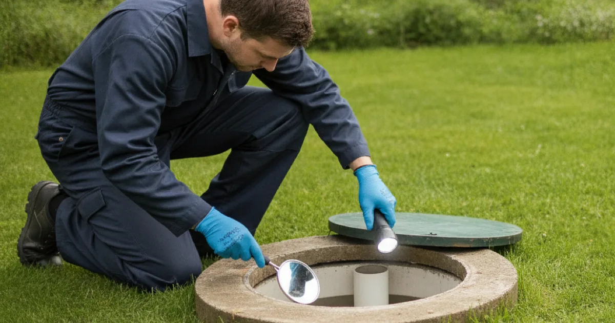 A plumber inspecting the inlet baffle through an open septic tank access riser in a back garden, gloved hands, inspection mirror and torch in use