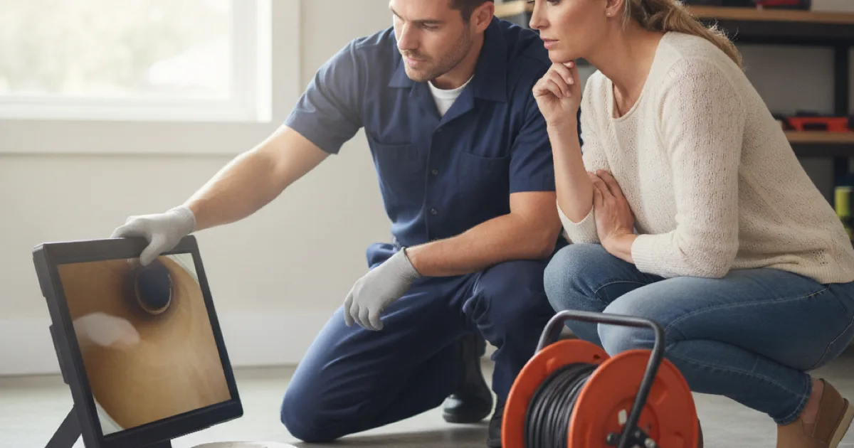 A plumber and a homeowner looking together at a drain camera monitor showing the inside of a sewer pipe, camera reel on the ground beside an open cleanout