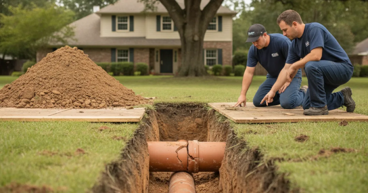 An excavated trench in a suburban front lawn exposing an old clay sewer lateral with a visible cracked joint, mature oak tree in the background, tidy spoil heap on boards