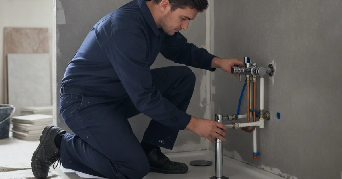 A plumber connecting the drain and mixing valve for a new shower pan in a bathroom under renovation, waterproof membrane visible on the walls behind