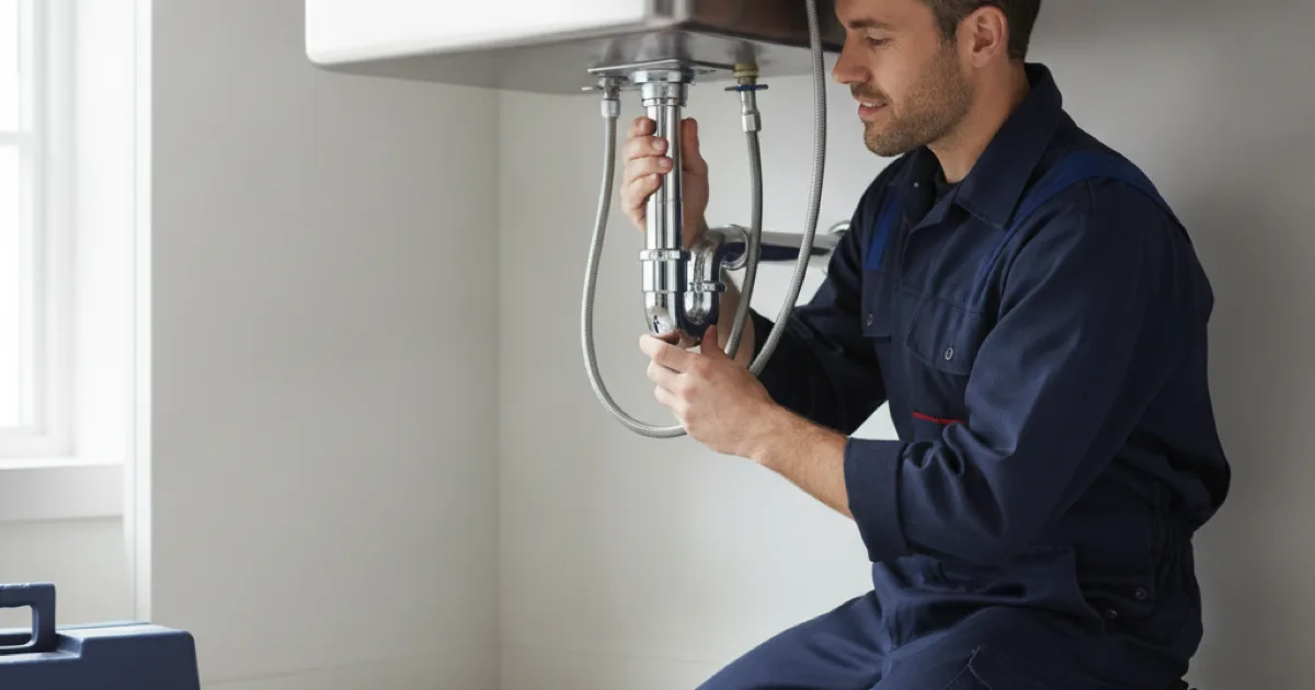 A plumber setting an undermount kitchen sink and connecting the drain trap and supply lines beneath a stone countertop, clean workspace, tools arranged neatly