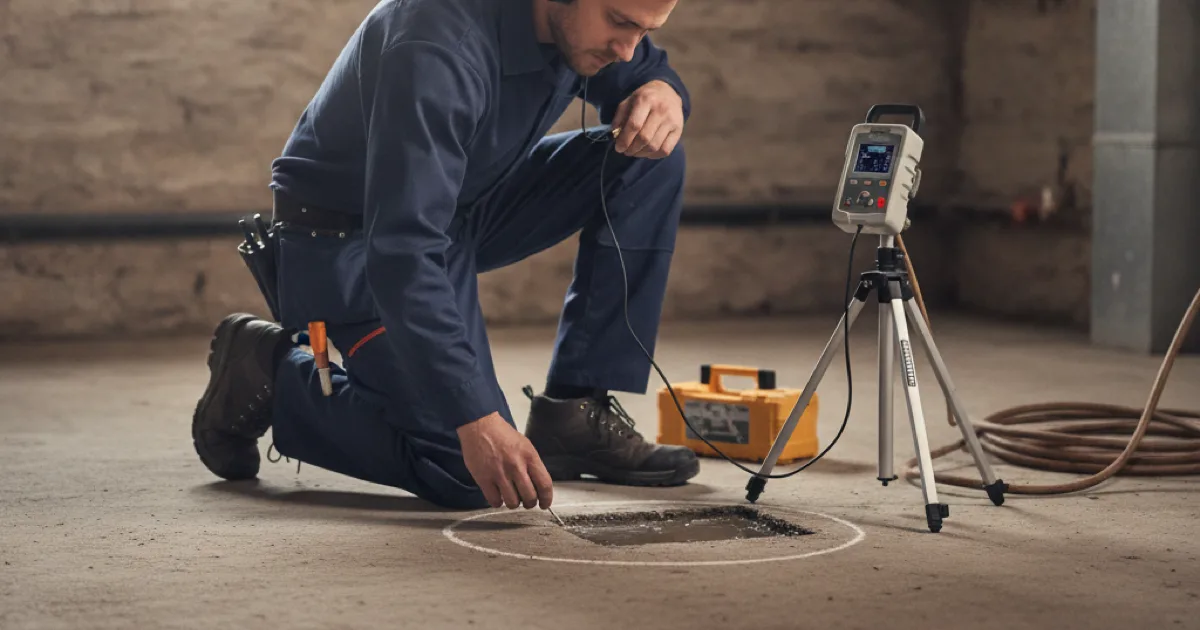A plumber marking a located leak position on a concrete basement floor with chalk, electronic leak locator equipment set up beside him, small area of floor prepared