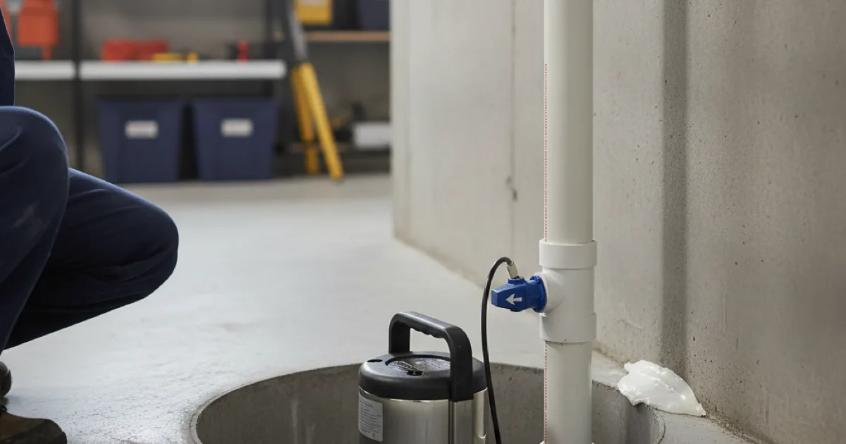 A newly installed submersible sump pump sitting in a clean concrete sump basin in a residential basement, discharge pipe and check valve visible, tidy workmanship