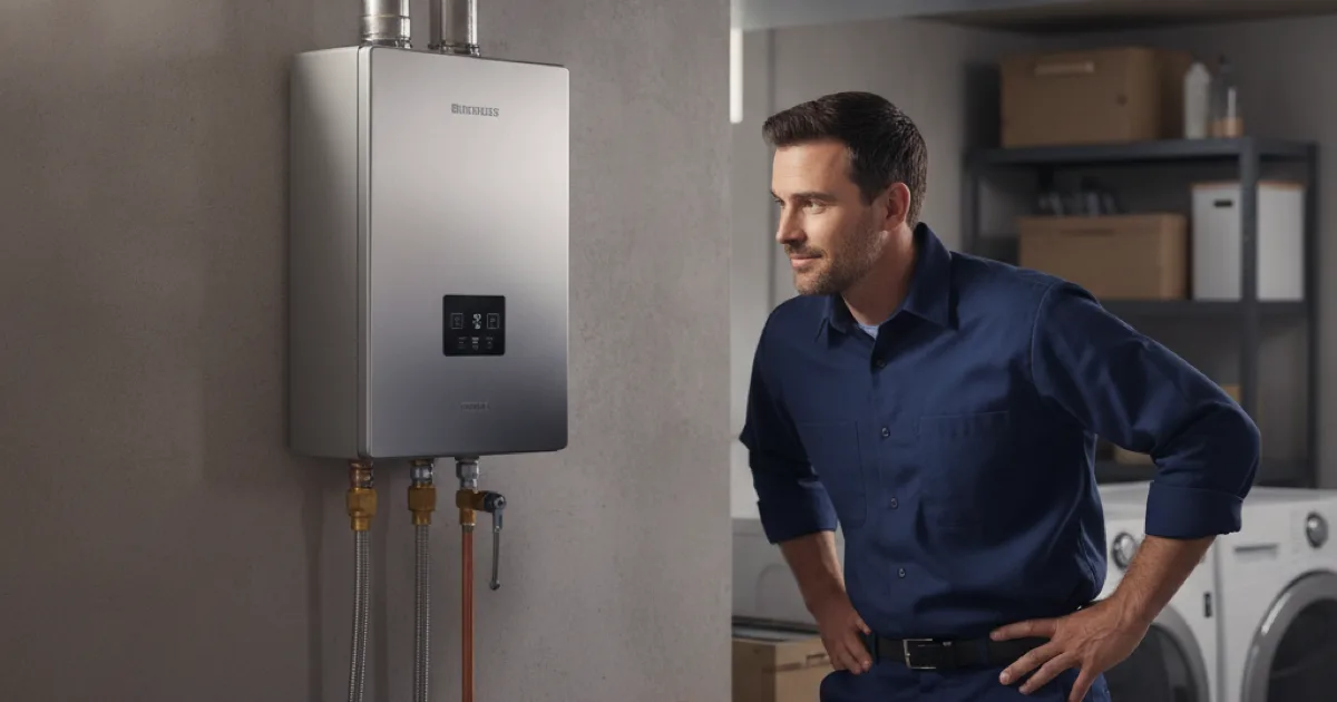 A wall-mounted tankless water heater newly installed in a basement, stainless venting and gas connection visible, plumber checking the unit display