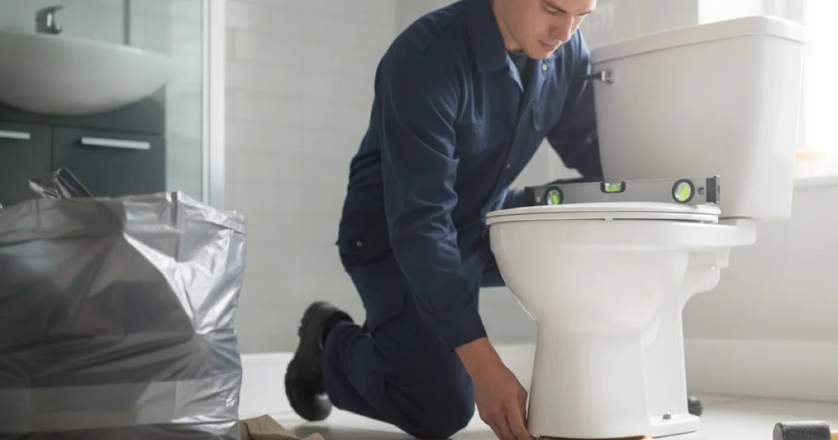 A plumber setting a new toilet onto a fresh wax ring over a clean closet flange, level and shims at hand, old toilet removed and bagged nearby
