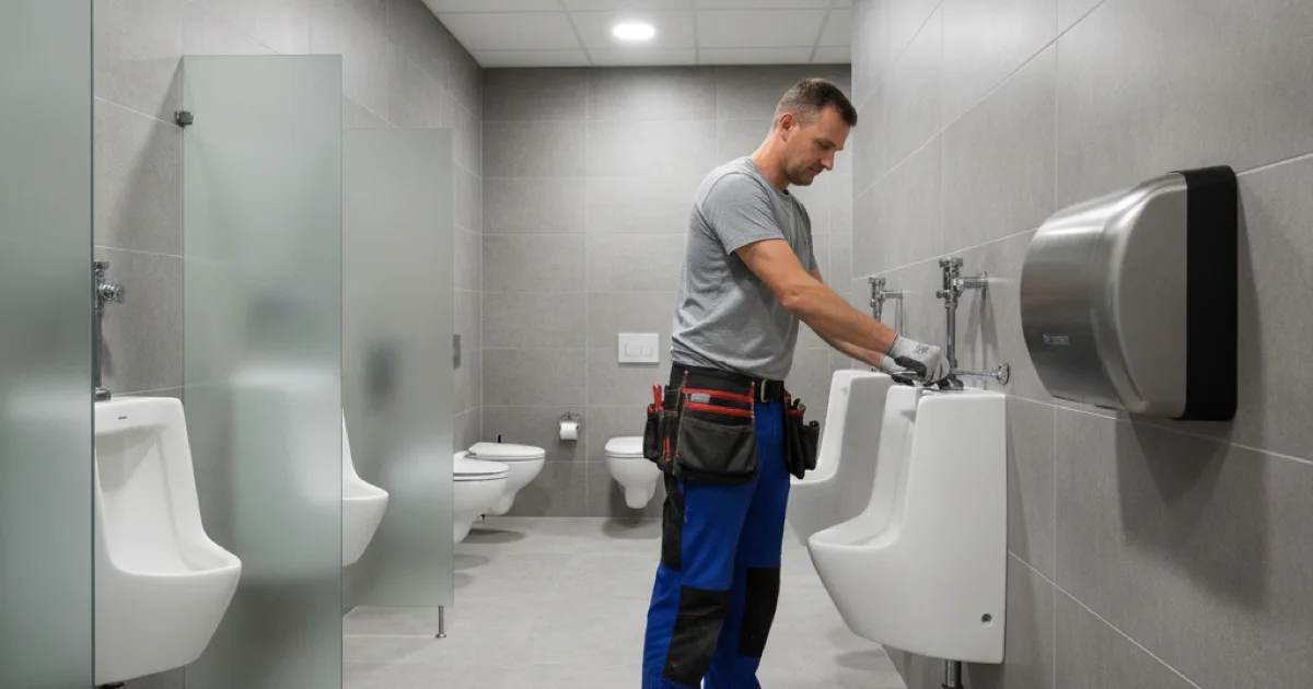 Dan's Drains plumber installing a commercial urinal in a Westchester County business restroom