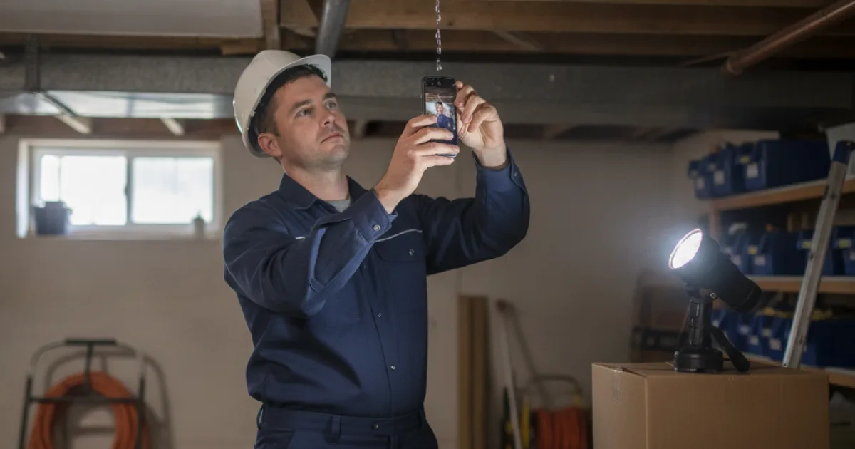 A plumber photographing a failed pipe joint on a basement ceiling with a phone, water staining visible on the surrounding joist, flashlight propped nearby