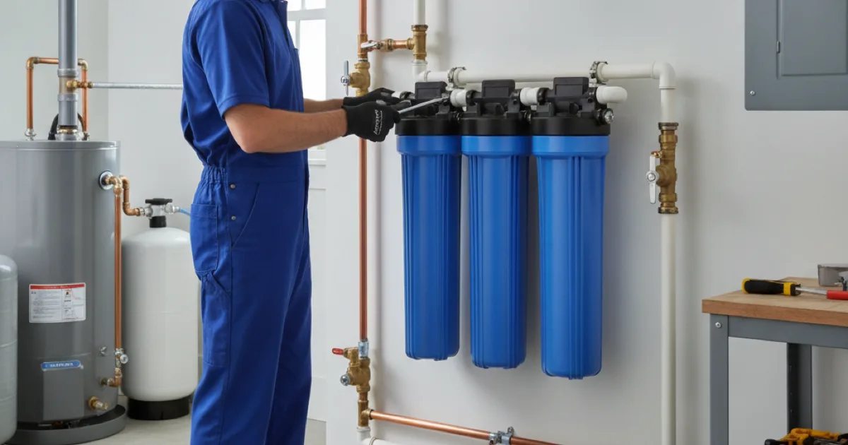 Dan's Drains plumber installing a home water filtration system in a Westchester County home