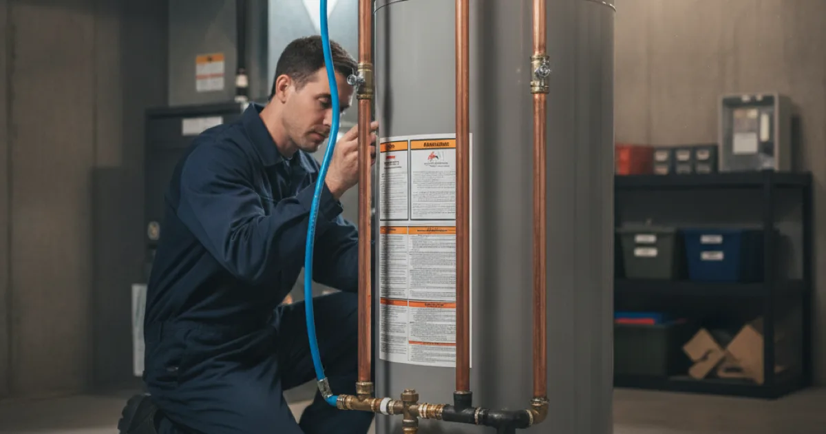 A plumber connecting the hot and cold supply lines on a newly installed residential gas tank water heater in a basement utility space, neat copper work and clean solder joints visible