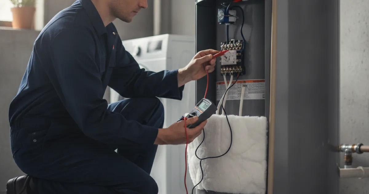 A plumber testing the thermostat terminals on an electric water heater with a multimeter, access panel removed, insulation folded back neatly